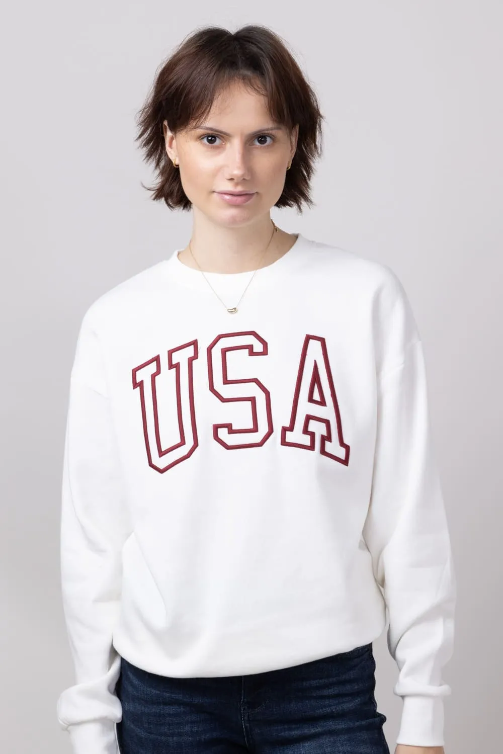 1897 Active Embroidered USA Fleece Sweatshirt for Women in Ivory | GT810-USA-IVORY