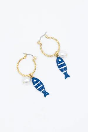 Blue Fish Charm Gold Hoop Earrings for Women | PEB872GDBLE