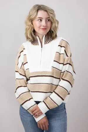 Colorblock Half Zip Striped Sweater for Women in Ecru | KSW1840-ECRU