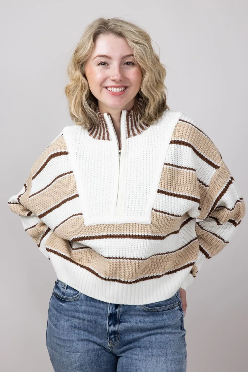 Colorblock Half Zip Striped Sweater for Women in Ecru | KSW1840-ECRU