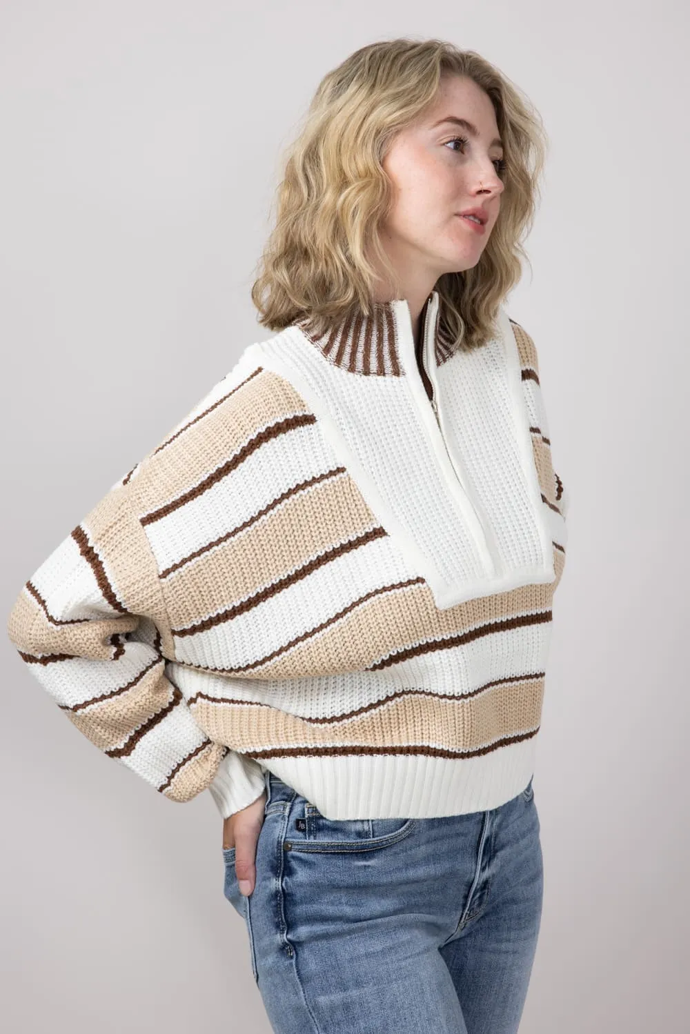 Colorblock Half Zip Striped Sweater for Women in Ecru | KSW1840-ECRU
