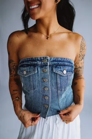 Denim Strapless Button Up Corset Top for Women in Blue | PT17271-LTDENIM