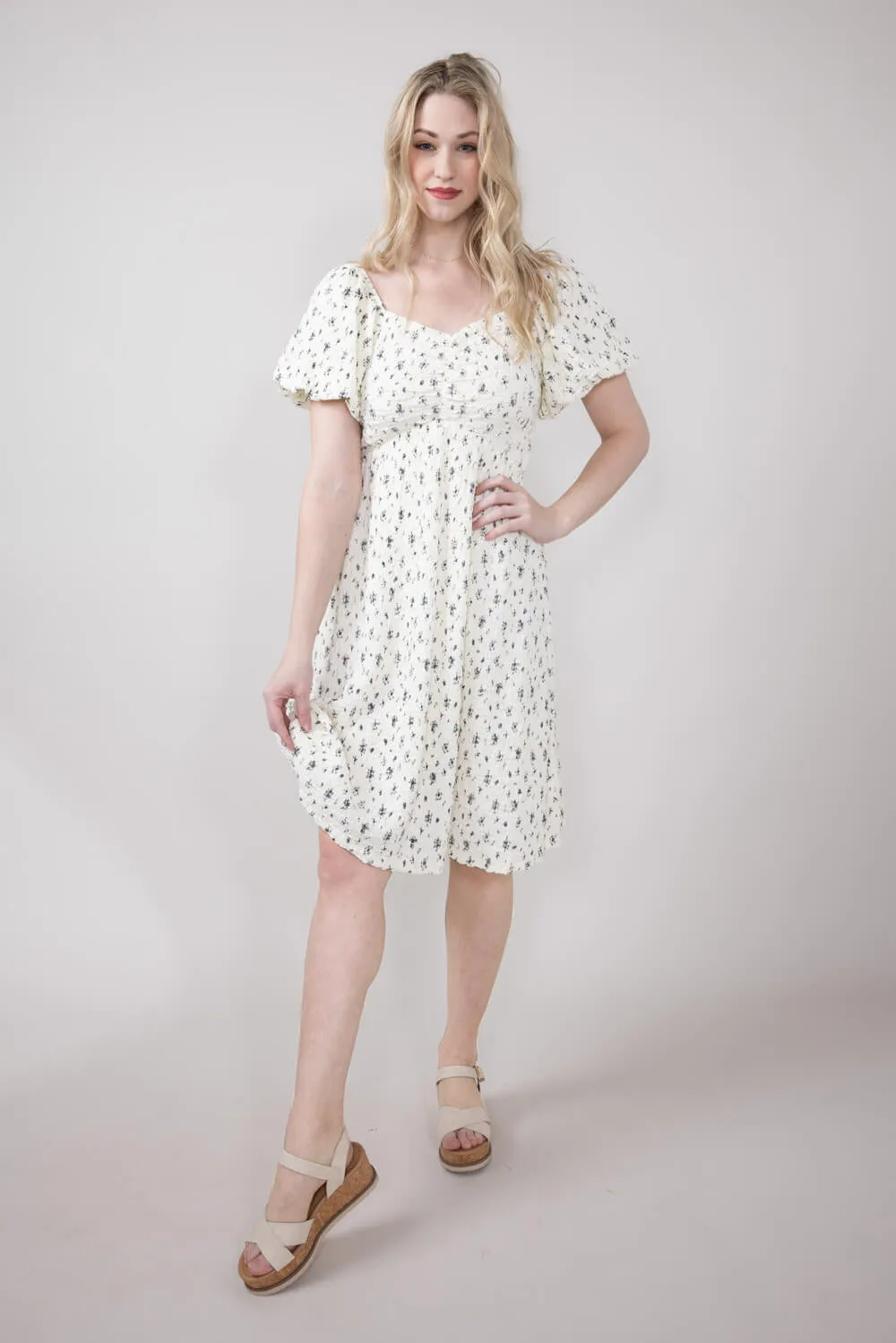 Floral Sweetheart Puff Sleeve Dress for Women in Ivory | ID47882-IRYBLU