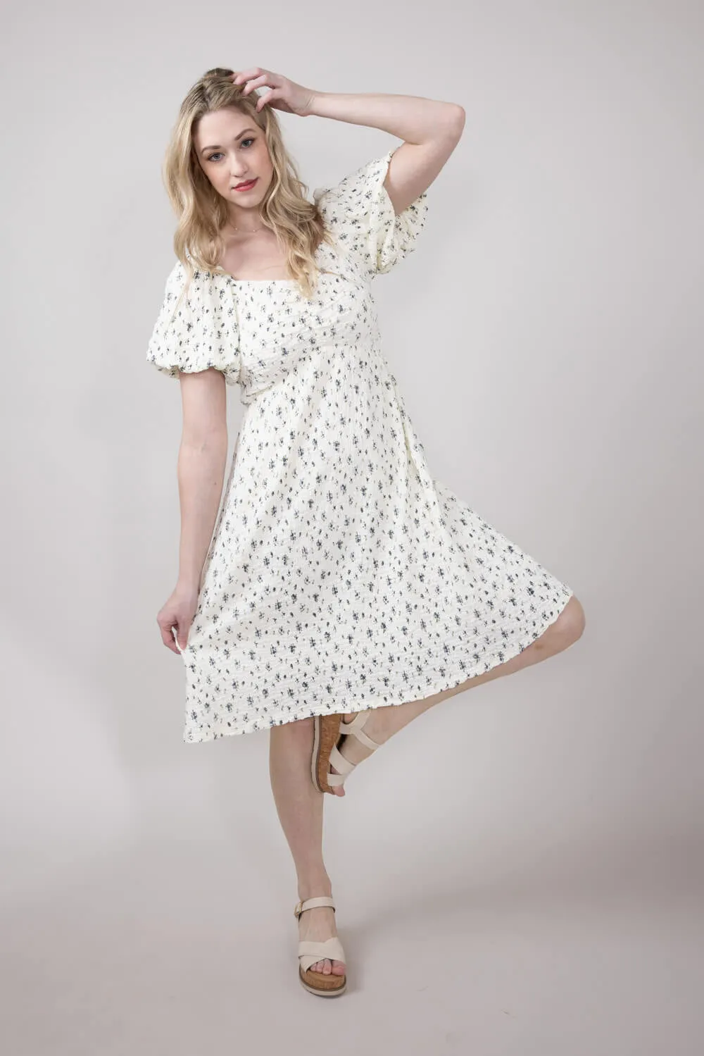 Floral Sweetheart Puff Sleeve Dress for Women in Ivory | ID47882-IRYBLU