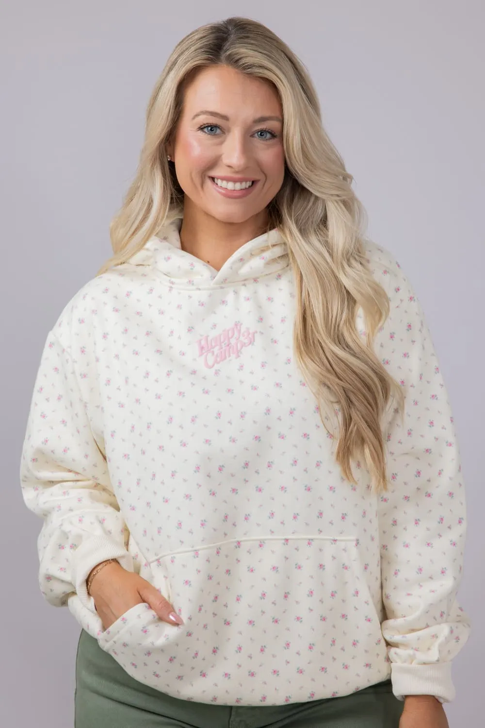 Happy Camp3r Vintage Flower Hoodie for Women in Cream | W304P24-16-CREAM
