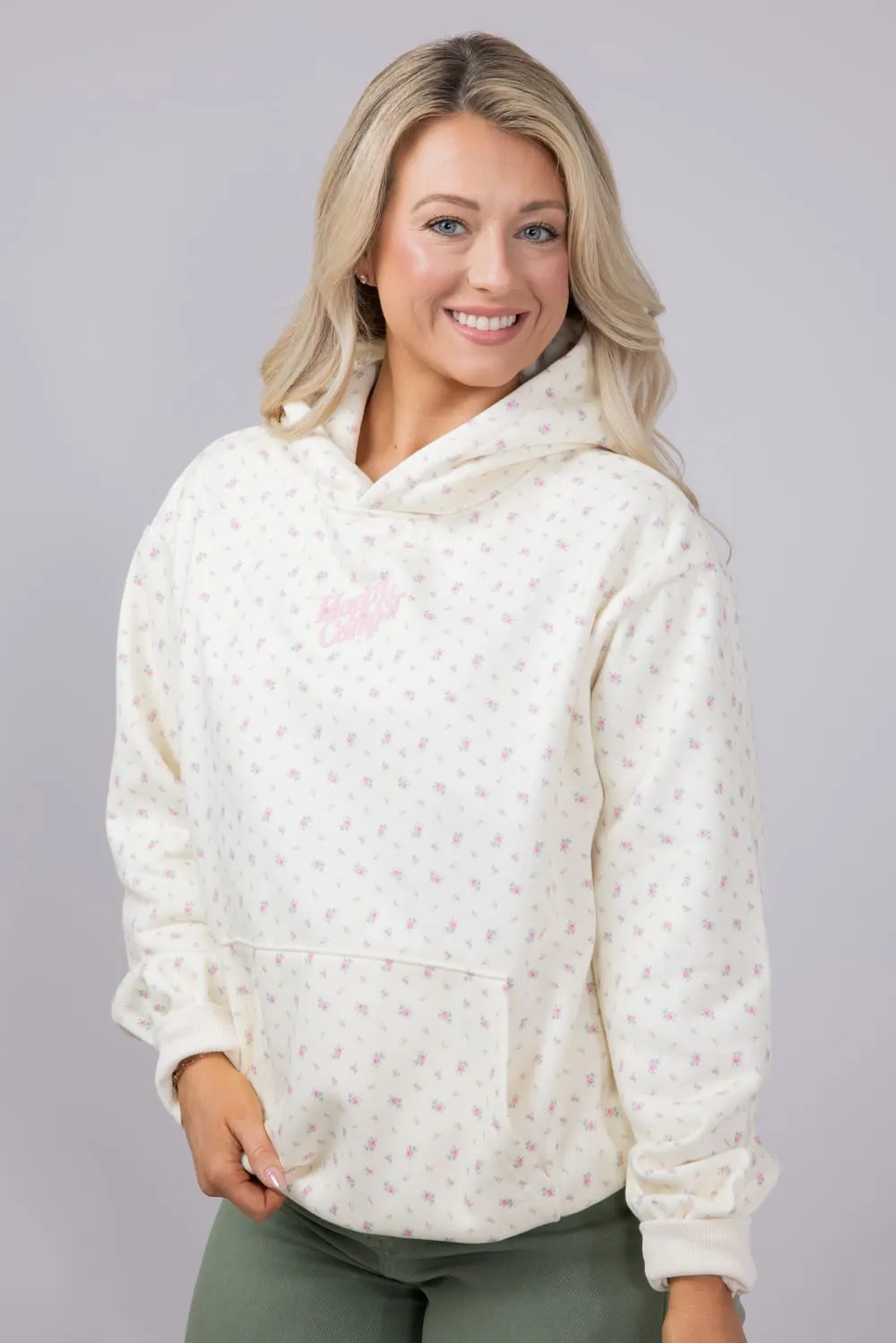 Happy Camp3r Vintage Flower Hoodie for Women in Cream | W304P24-16-CREAM
