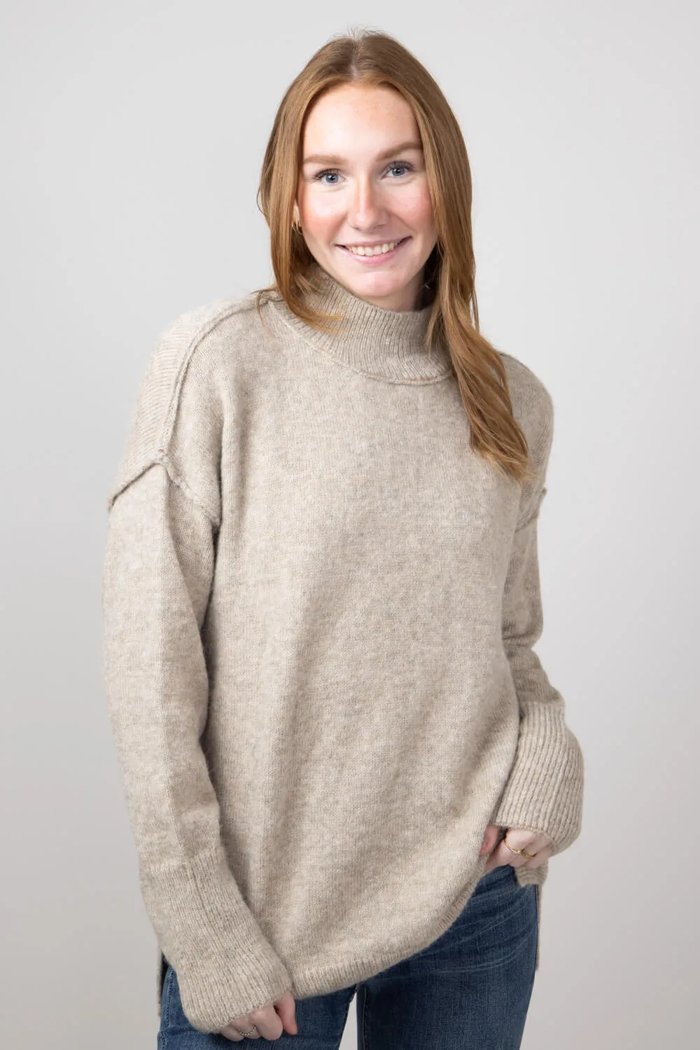 La Miel Mock Neck Sweater for Women in Taupe | MCS3566-TAUPE