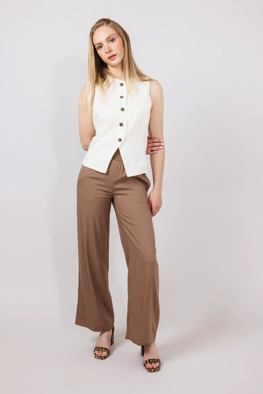 Love Tree Smocked Waist Linen Pants for Women in Mocha | 6987PS-MOCHA