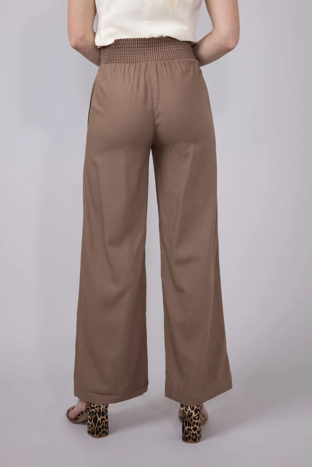 Love Tree Smocked Waist Linen Pants for Women in Mocha | 6987PS-MOCHA