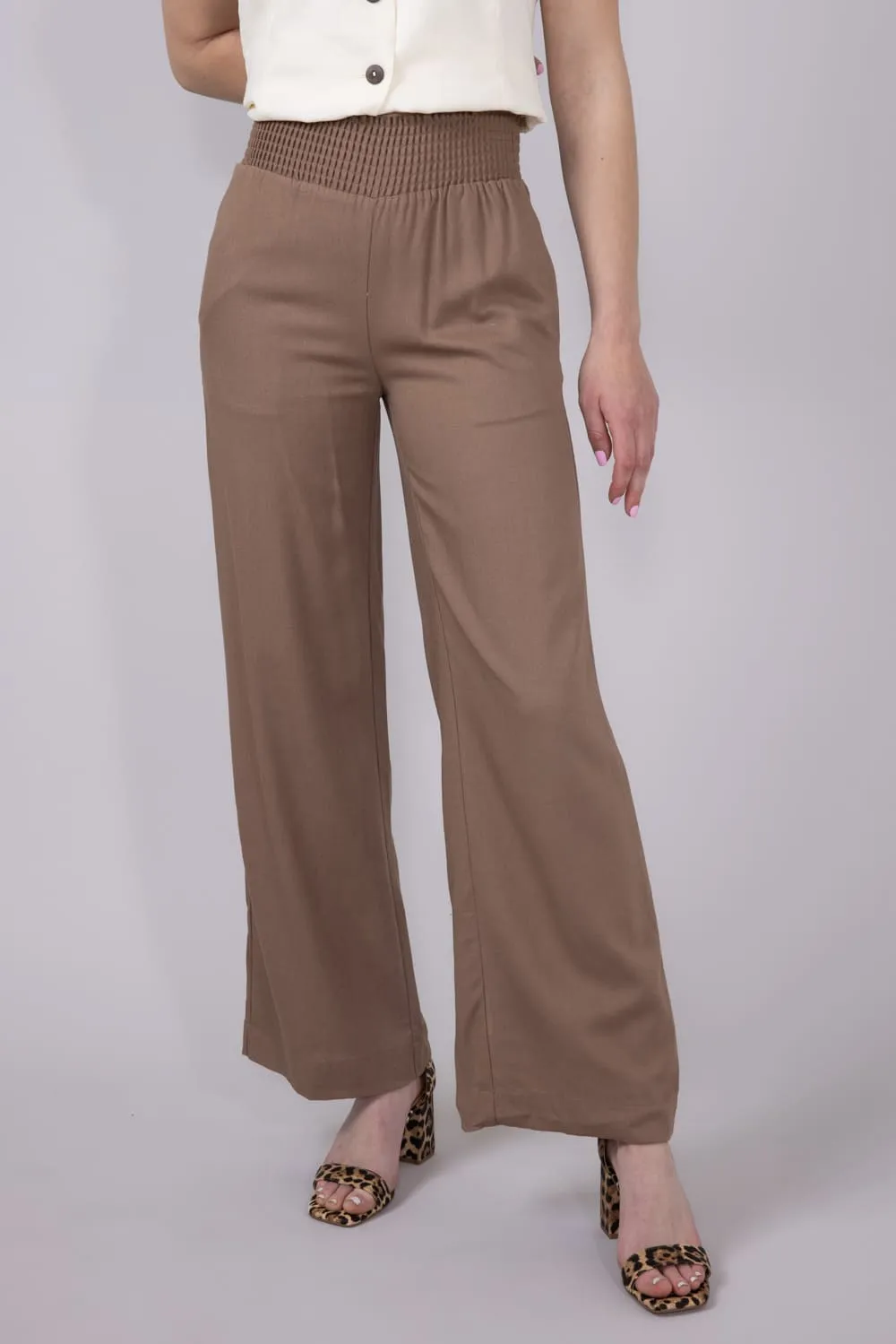 Love Tree Smocked Waist Linen Pants for Women in Mocha | 6987PS-MOCHA
