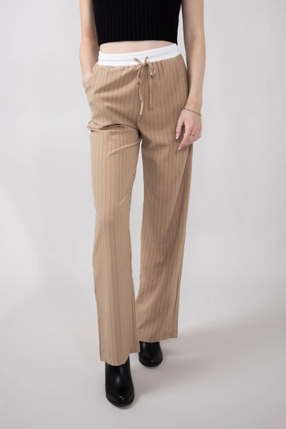 Love Tree Stripe Drawstring Trouser Pants for Women in Khaki | 6964PN-KHAKI