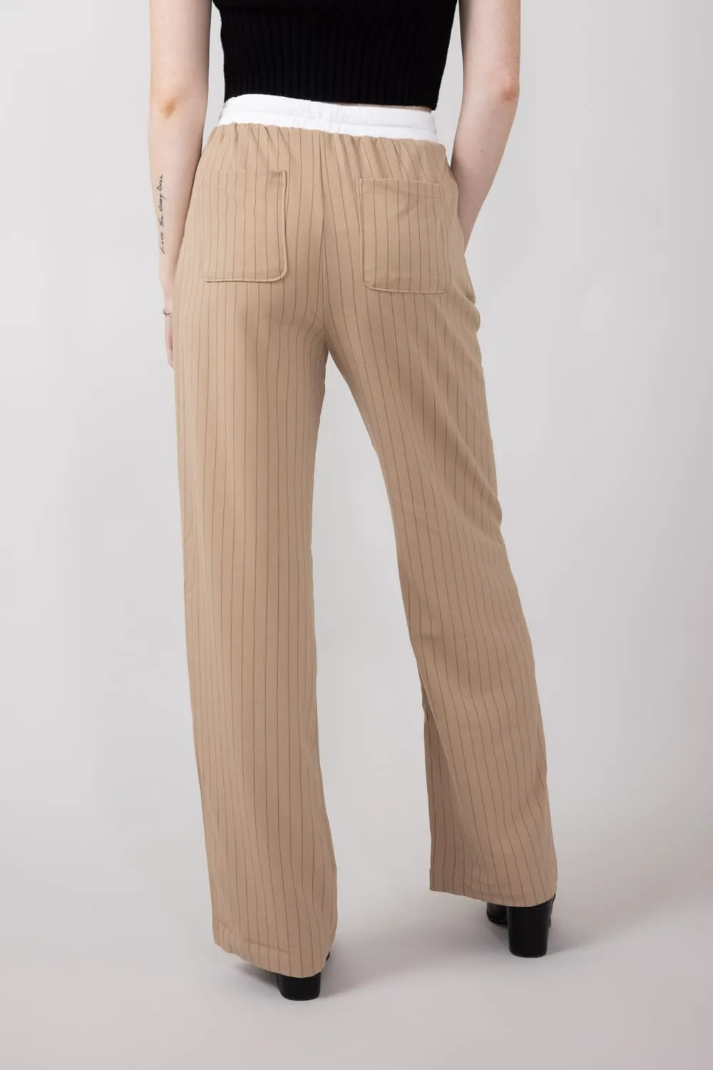 Love Tree Stripe Drawstring Trouser Pants for Women in Khaki | 6964PN-KHAKI
