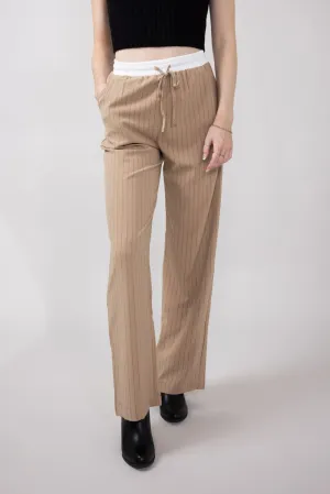 Love Tree Stripe Drawstring Trouser Pants for Women in Khaki | 6964PN-KHAKI