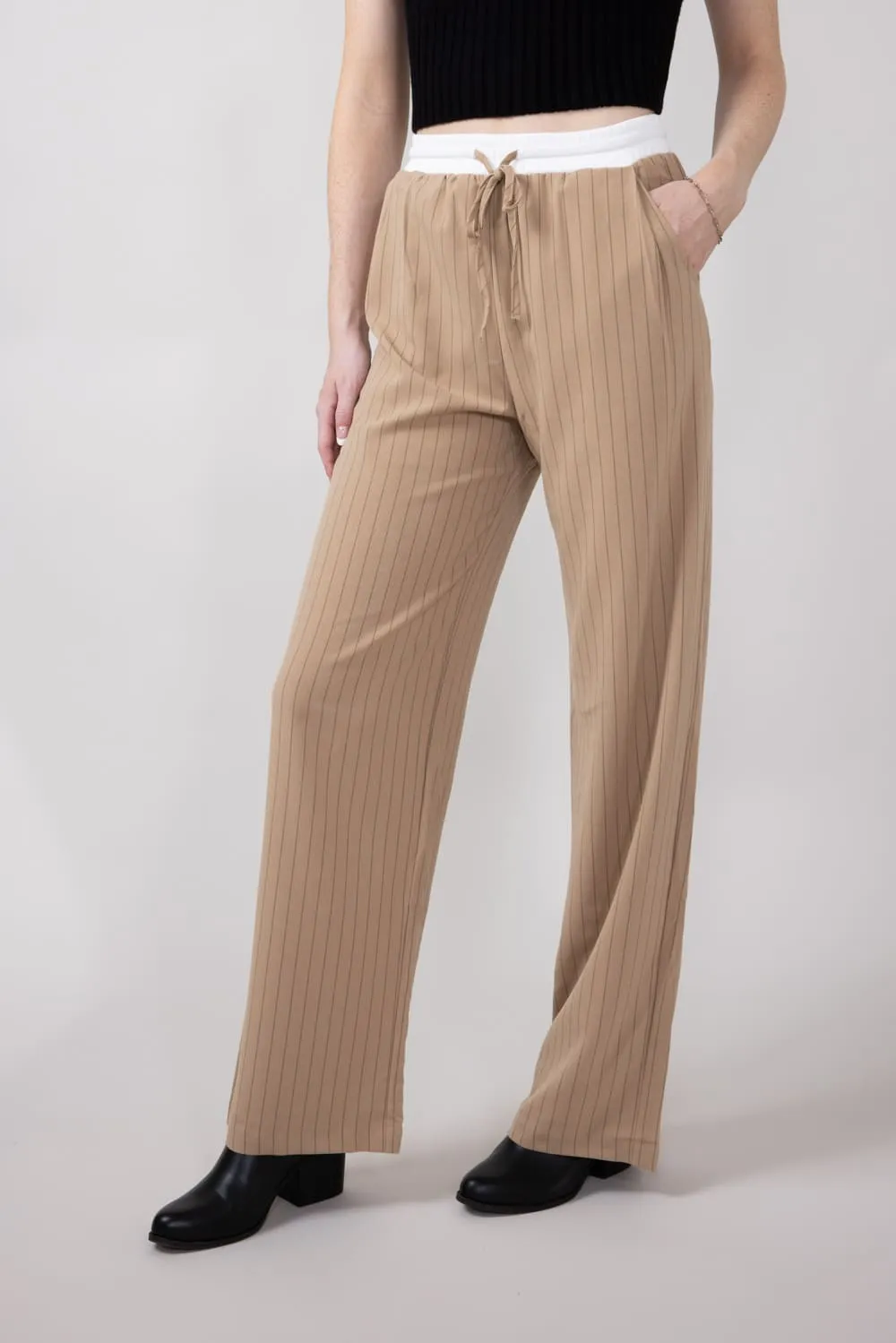 Love Tree Stripe Drawstring Trouser Pants for Women in Khaki | 6964PN-KHAKI