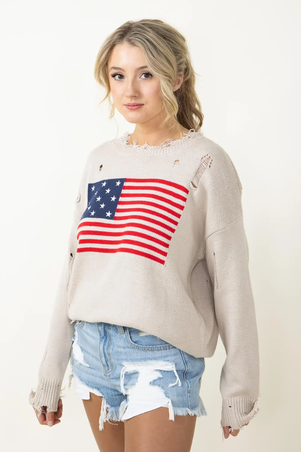 Miracle American Flag Distressed Sweater for Women in Beige | L2402-BEIGE