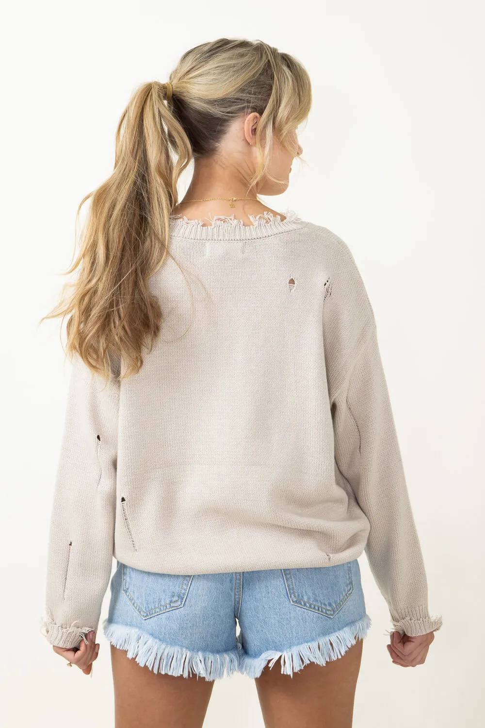 Miracle American Flag Distressed Sweater for Women in Beige | L2402-BEIGE