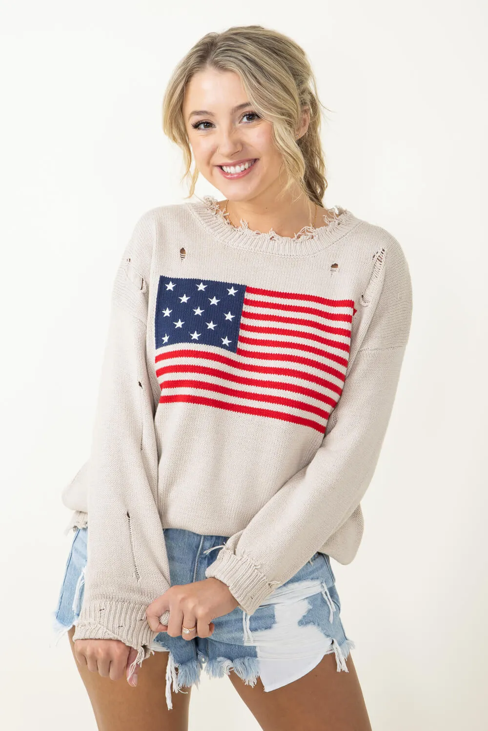 Miracle American Flag Distressed Sweater for Women in Beige | L2402-BEIGE
