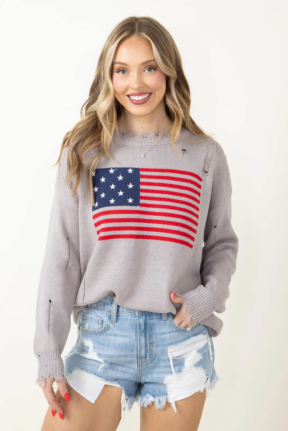 Miracle American Flag Distressed Sweater for Women in Grey | L2402-SILVER
