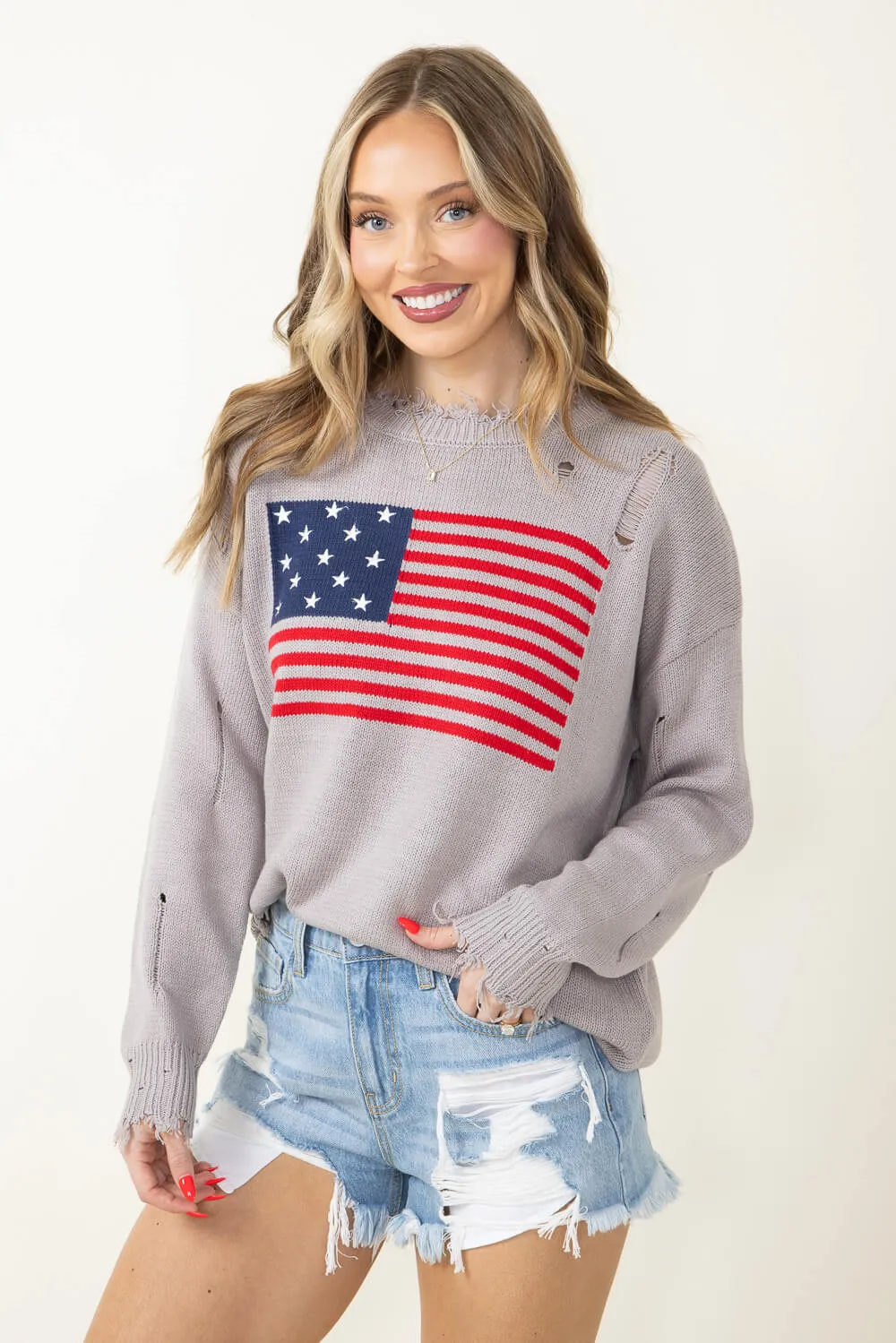 Miracle American Flag Distressed Sweater for Women in Grey | L2402-SILVER