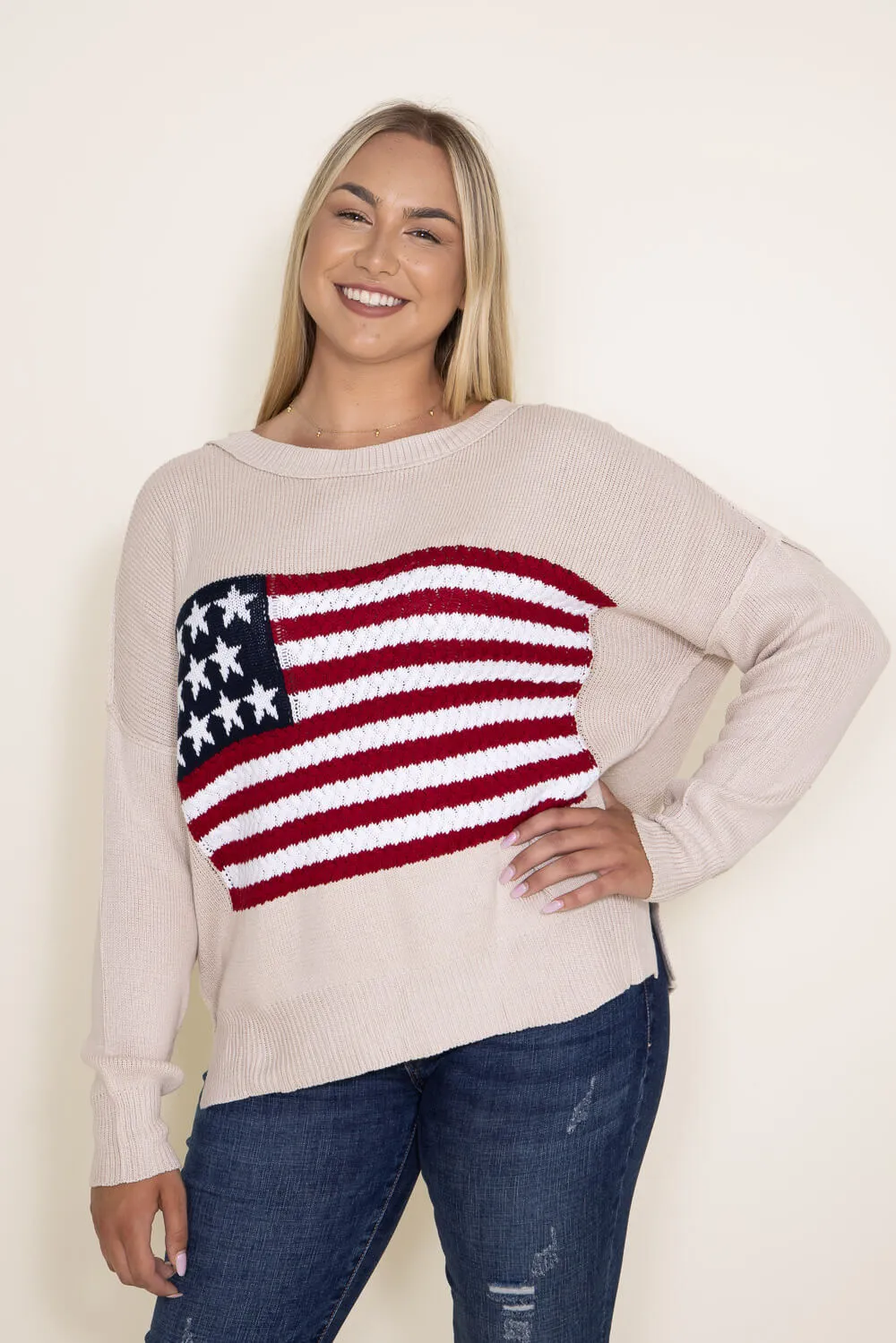 Miracle Knit American Flag Sweater for Women in Beige | M8167-BEIGE