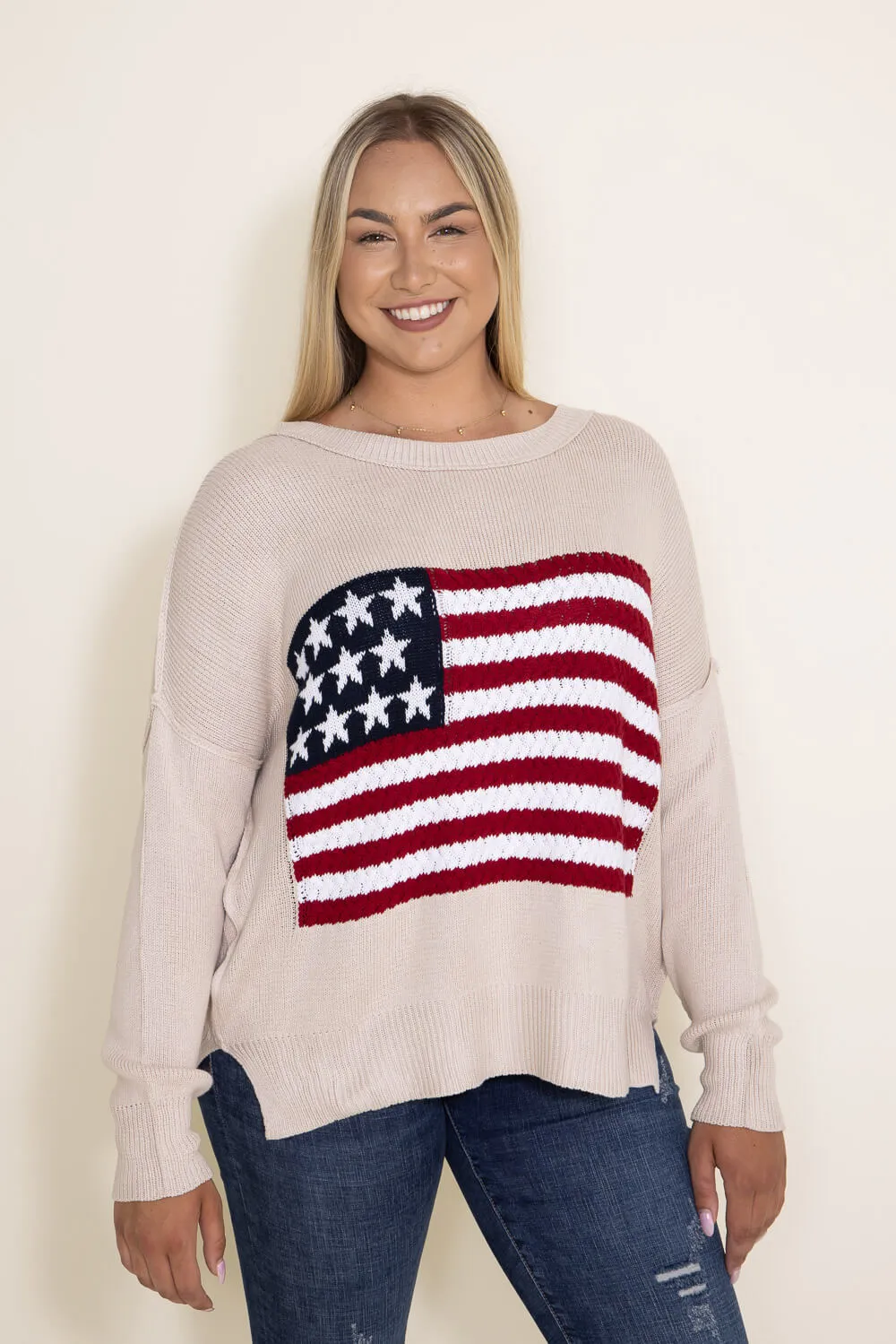 Miracle Knit American Flag Sweater for Women in Beige | M8167-BEIGE