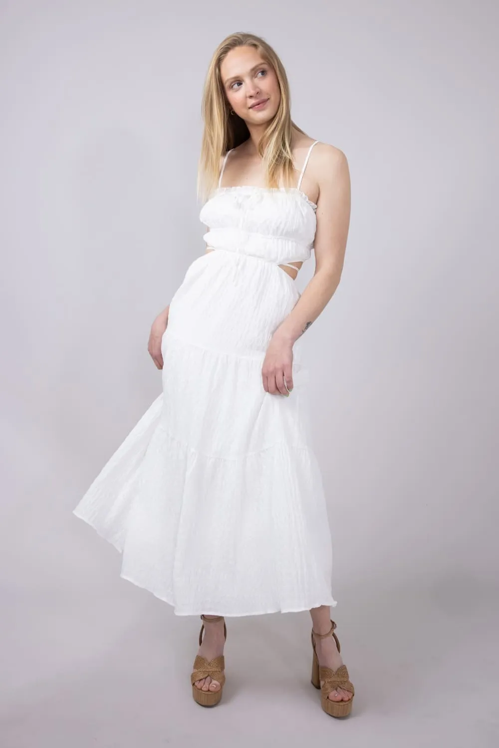 Ruffle Bodice Side Cut Out Dress for Women in White | ID3811-WHITE