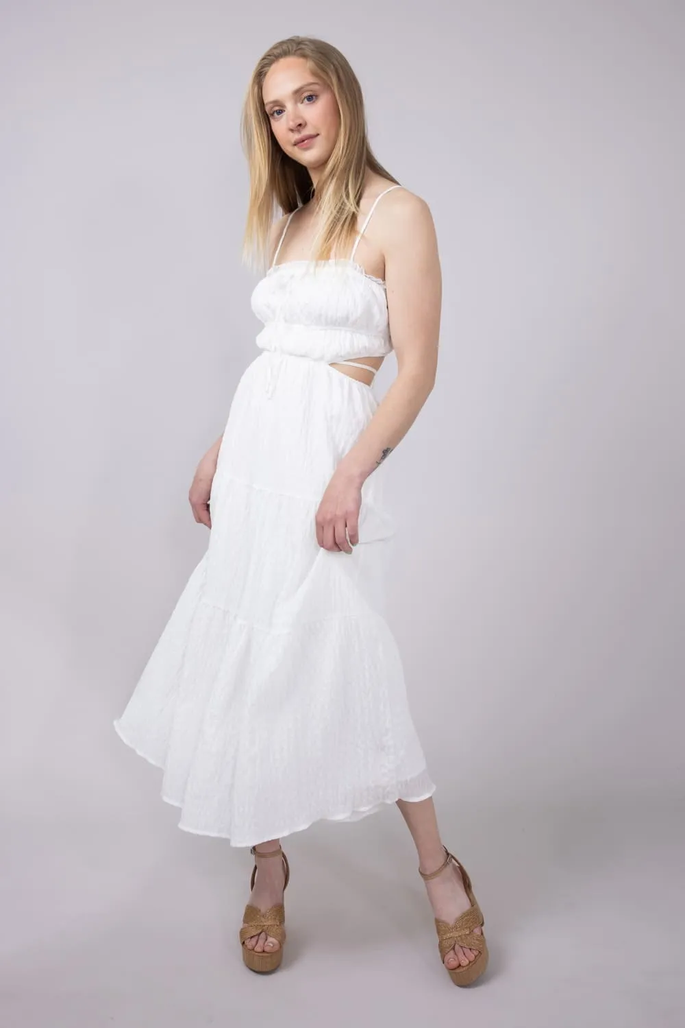 Ruffle Bodice Side Cut Out Dress for Women in White | ID3811-WHITE