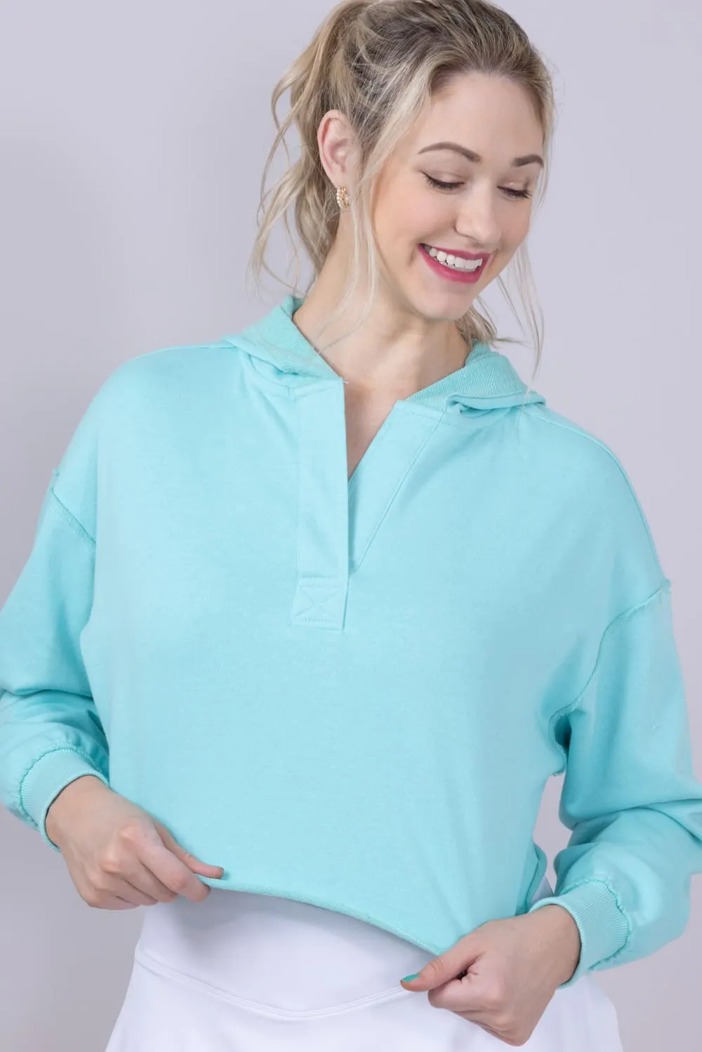 Simply Southern Johnny Collar Cropped Hoodie for Women in Aqua | PP-0125-HD-VNCK-AQUA
